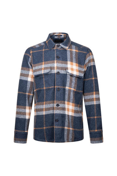 Lacivert Regular Fit Shacket Uzun Kol Pamuklu Kareli Gömlek - 1