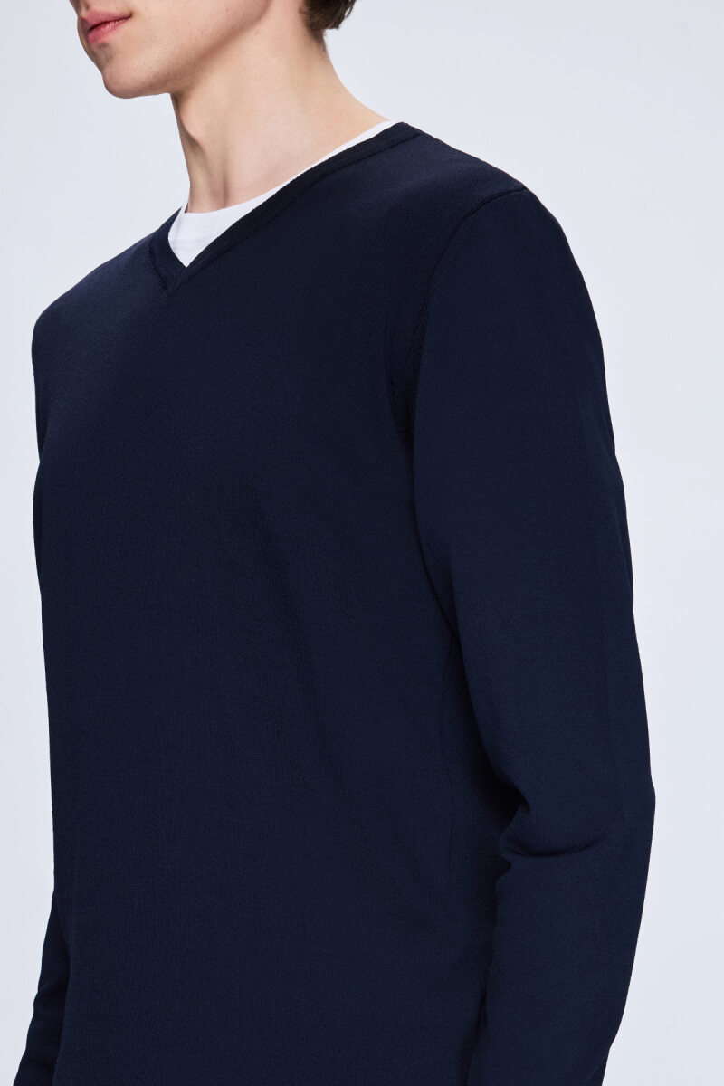 Lacivert Regular Fit V Yaka Rayon Kazak - Hatem Saykı (1)