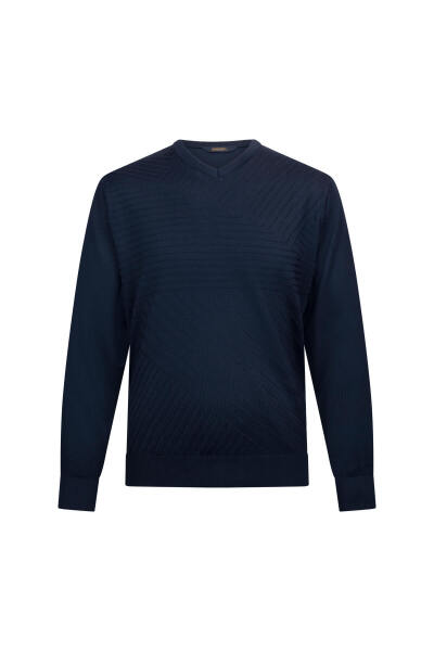 Lacivert Regular Fit V Yaka Yünlü Triko Kazak 