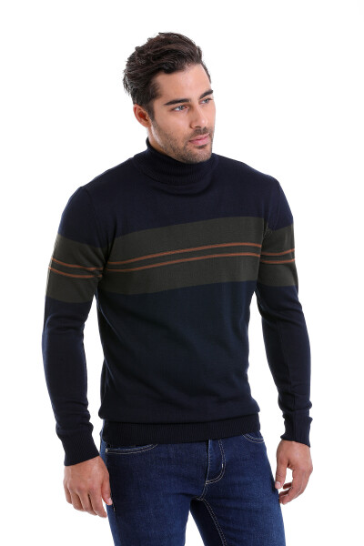 Lacivert Comfort Fit Jakarlı Balıkçı Yaka Yünlü Kazak - 2