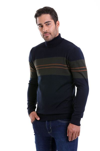 Lacivert Comfort Fit Jakarlı Balıkçı Yaka Yünlü Kazak - 3