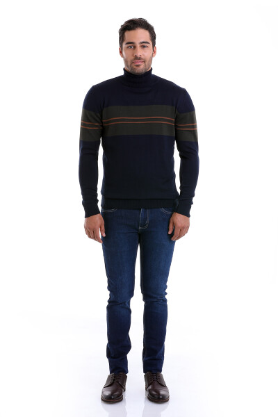 Lacivert Comfort Fit Jakarlı Balıkçı Yaka Yünlü Kazak - 4