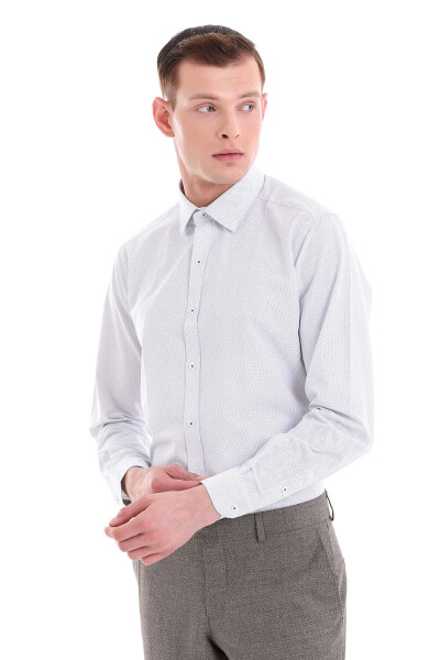 Beyaz Slim Fit Baskılı Pamuklu Slim Yaka Uzun Kollu Klasik Gömlek - 4