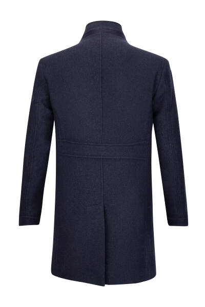 Lacivert Slim Fit Ceket Yaka Yünlü Kaşe Palto - 2