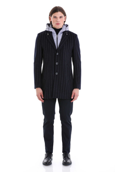 Lacivert Slim Fit Çizgili Ceket Yaka Yünlü Kaşe Palto - 2