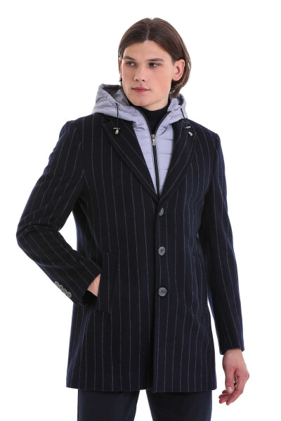 Lacivert Slim Fit Çizgili Ceket Yaka Yünlü Kaşe Palto - 3