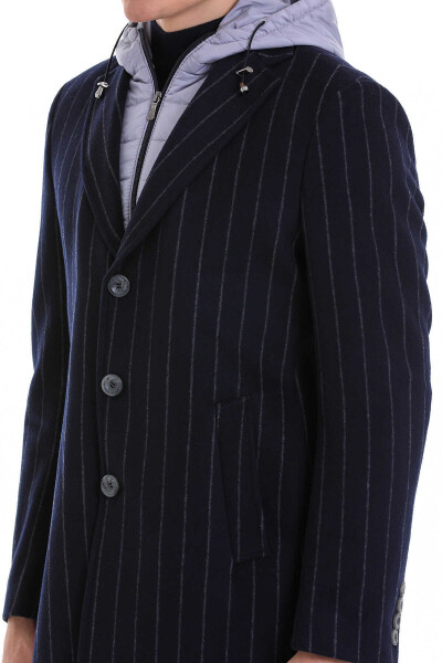 Lacivert Slim Fit Çizgili Ceket Yaka Yünlü Kaşe Palto - 5