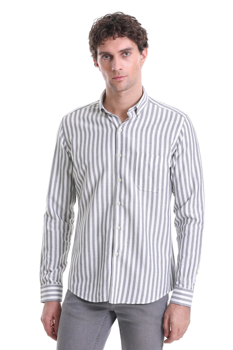 Lacivert Slim Fit Çizgili Dik Yaka Pamuklu Uzun Kollu Casual Gömlek - Hatemoğlu