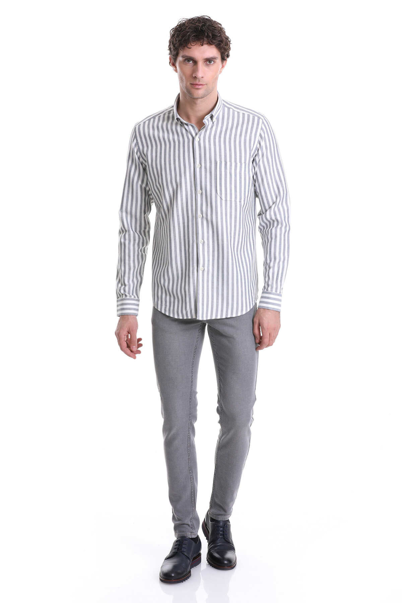 Lacivert Slim Fit Çizgili Dik Yaka Pamuklu Uzun Kollu Casual Gömlek - Hatemoğlu (1)