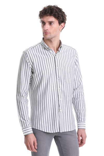 Lacivert Slim Fit Çizgili Dik Yaka Pamuklu Uzun Kollu Casual Gömlek - 3