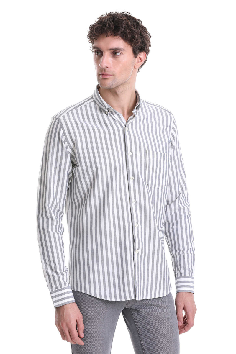 Lacivert Slim Fit Çizgili Dik Yaka Pamuklu Uzun Kollu Casual Gömlek - Hatemoğlu (1)