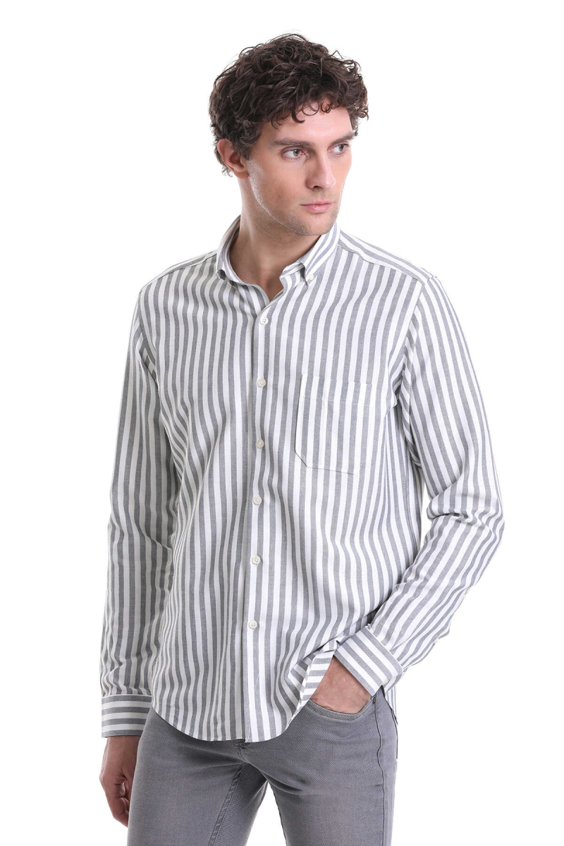 Lacivert Slim Fit Çizgili Dik Yaka Pamuklu Uzun Kollu Casual Gömlek - Hatemoğlu (1)