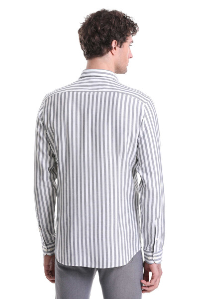 Lacivert Slim Fit Çizgili Dik Yaka Pamuklu Uzun Kollu Casual Gömlek - 6