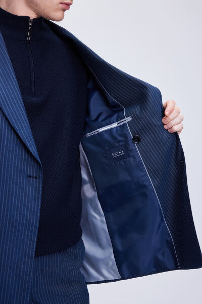 Lacivert Slim Fit Çizgili Kruvaze Takım Elbise - 4