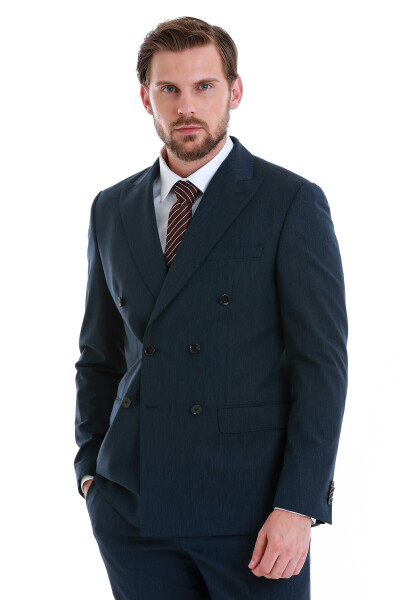 Lacivert Slim Fit Çizgili Kruvaze Takım Elbise - 3