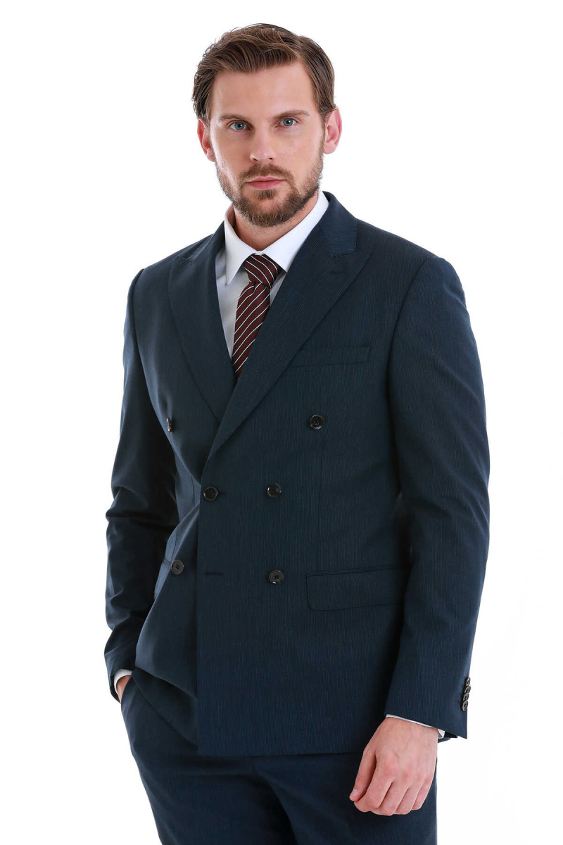 Lacivert Slim Fit Çizgili Kruvaze Takım Elbise - Hatem Saykı (1)