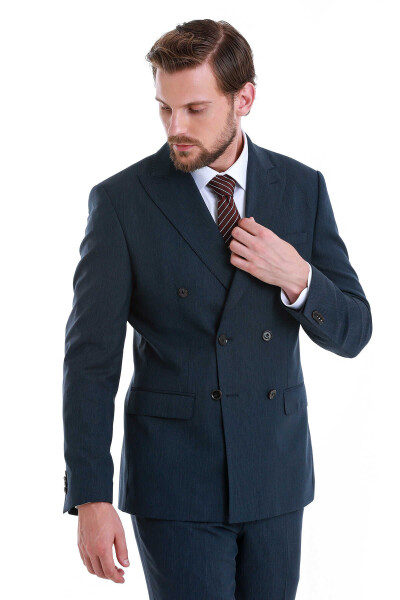 Lacivert Slim Fit Çizgili Kruvaze Takım Elbise - 5