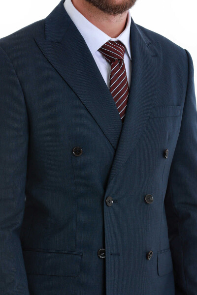 Lacivert Slim Fit Çizgili Kruvaze Takım Elbise - 7