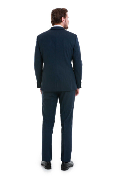 Lacivert Slim Fit Çizgili Kruvaze Takım Elbise - 8