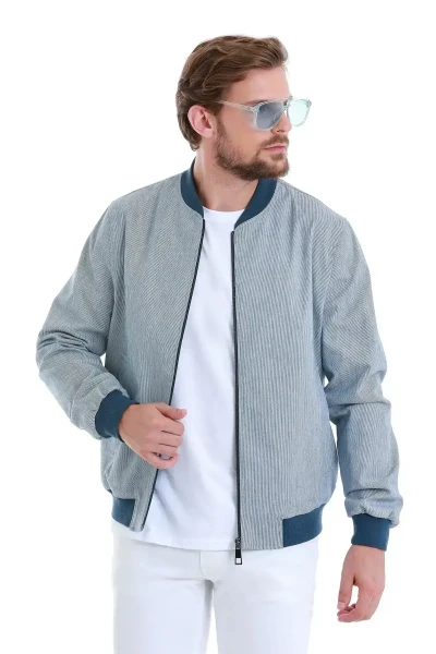 Lacivert Slim Fit Çizgili Mevsimlik Mont - 3