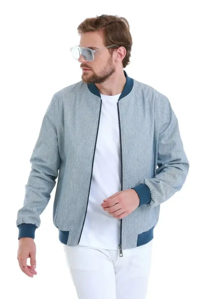 Lacivert Slim Fit Çizgili Mevsimlik Mont - 4