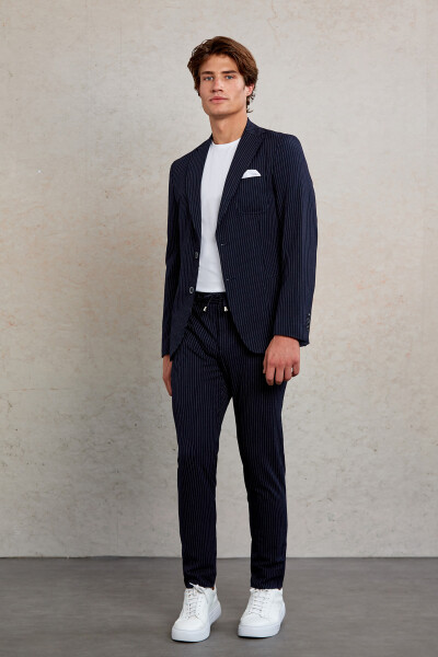 Lacivert Slim Fit Çizgili Mono Yaka Casual Takım Elbise 