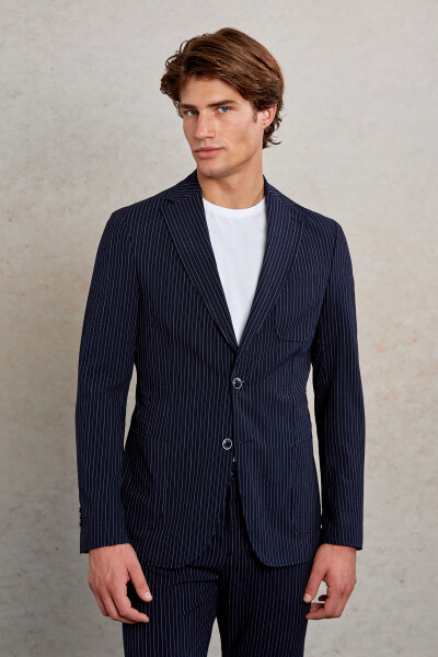 Lacivert Slim Fit Çizgili Mono Yaka Casual Takım Elbise - 3