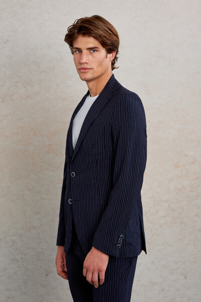 Lacivert Slim Fit Çizgili Mono Yaka Casual Takım Elbise - 4