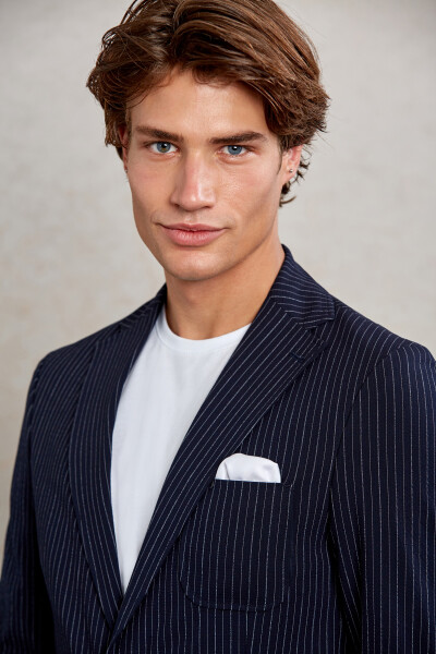 Lacivert Slim Fit Çizgili Mono Yaka Casual Takım Elbise - 5