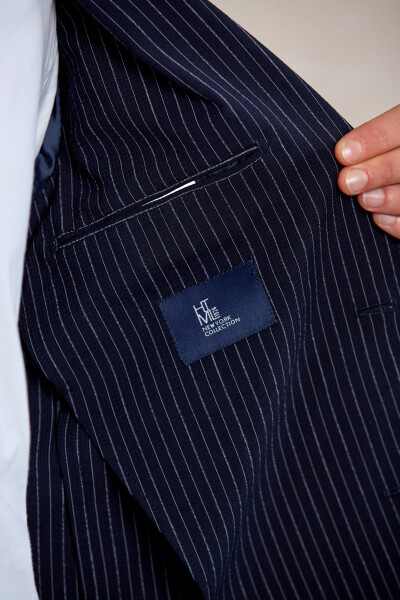 Lacivert Slim Fit Çizgili Mono Yaka Casual Takım Elbise - 6