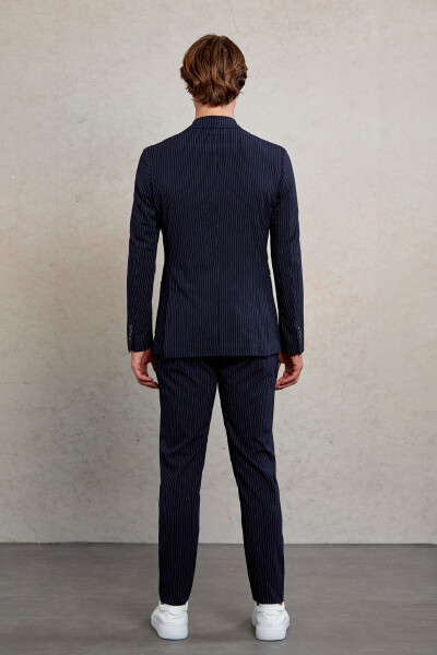 Lacivert Slim Fit Çizgili Mono Yaka Casual Takım Elbise - 7