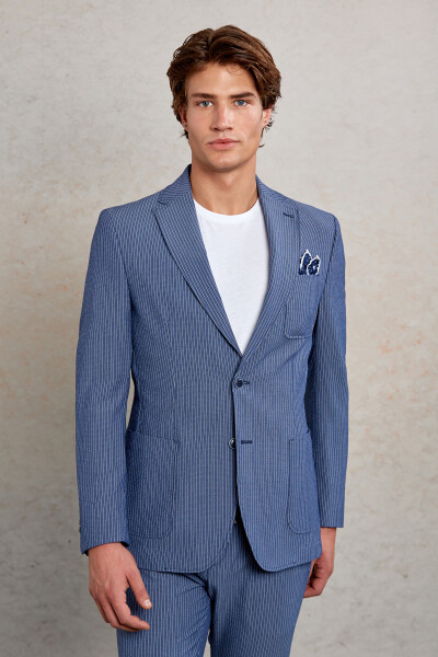 Lacivert Slim Fit Çizgili Mono Yaka Casual Takım Elbise - 2