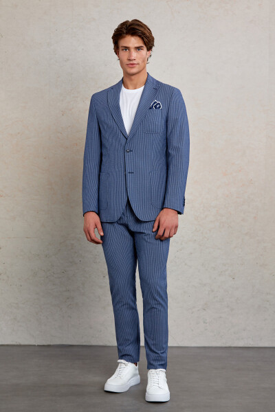 Lacivert Slim Fit Çizgili Mono Yaka Casual Takım Elbise 