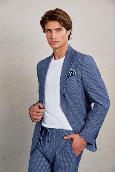 Lacivert Slim Fit Çizgili Mono Yaka Casual Takım Elbise - 3