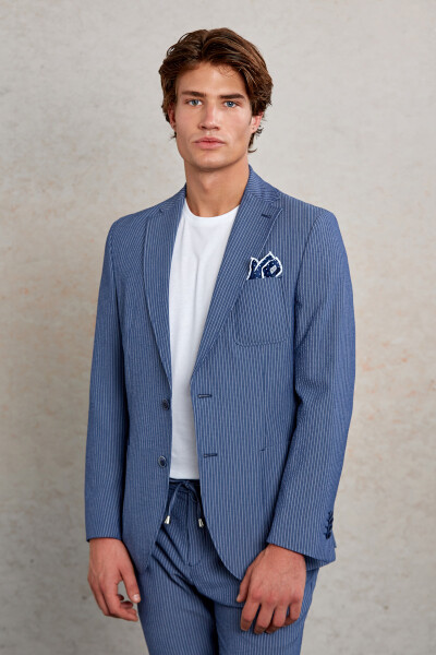 Lacivert Slim Fit Çizgili Mono Yaka Casual Takım Elbise - 4