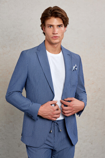 Lacivert Slim Fit Çizgili Mono Yaka Casual Takım Elbise - 5