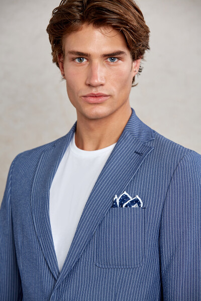 Lacivert Slim Fit Çizgili Mono Yaka Casual Takım Elbise - 6