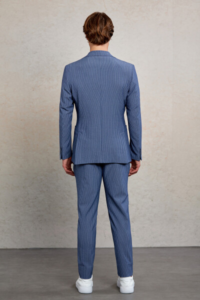Lacivert Slim Fit Çizgili Mono Yaka Casual Takım Elbise - 7