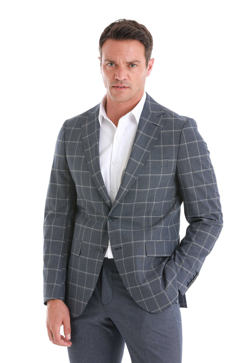 Lacivert Slim Fit Çizgili Mono Yaka Takım Elbise - Hatem Saykı (1)