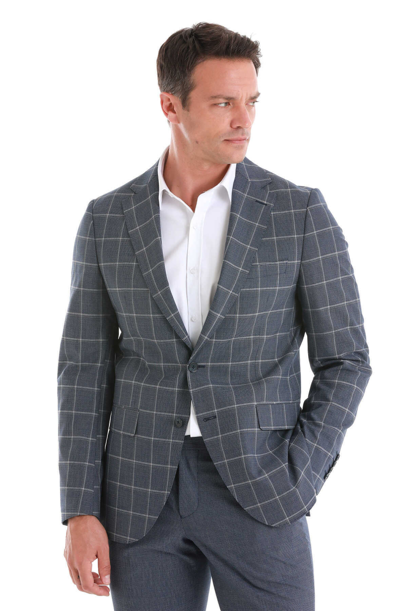 Lacivert Slim Fit Çizgili Mono Yaka Takım Elbise - Hatem Saykı (1)