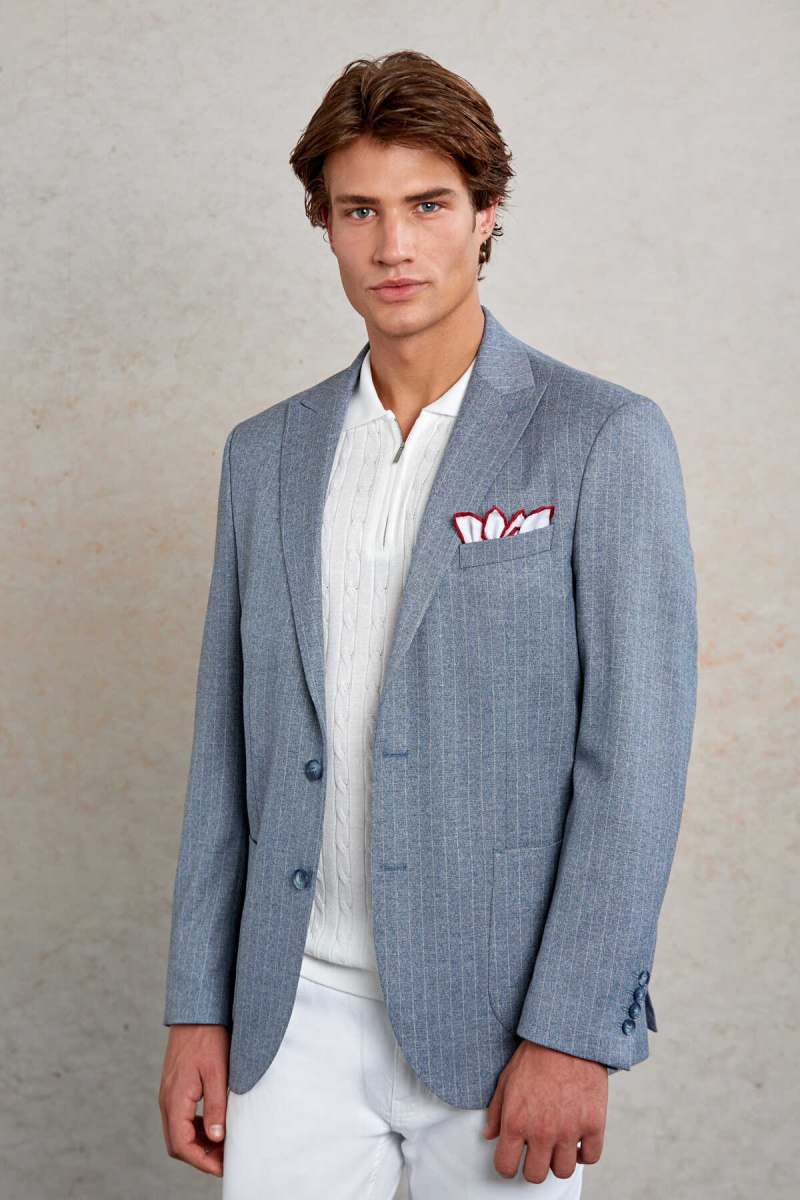 Lacivert Slim Fit Çizgili Sivri Yaka Casual Ceket - HTML