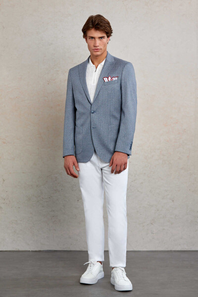 Lacivert Slim Fit Çizgili Sivri Yaka Casual Ceket - 2