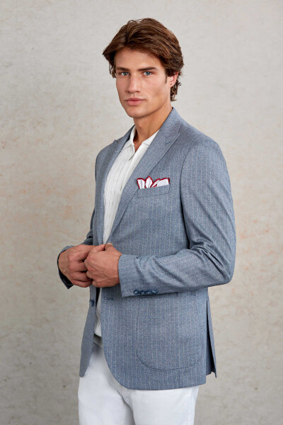Lacivert Slim Fit Çizgili Sivri Yaka Casual Ceket - 3