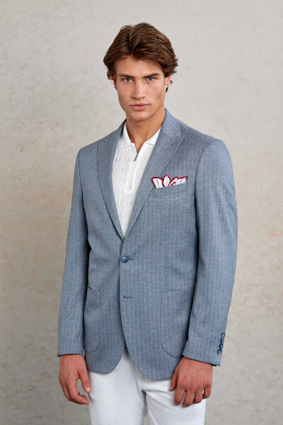 Lacivert Slim Fit Çizgili Sivri Yaka Casual Ceket - 4