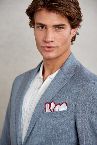 Lacivert Slim Fit Çizgili Sivri Yaka Casual Ceket - 5