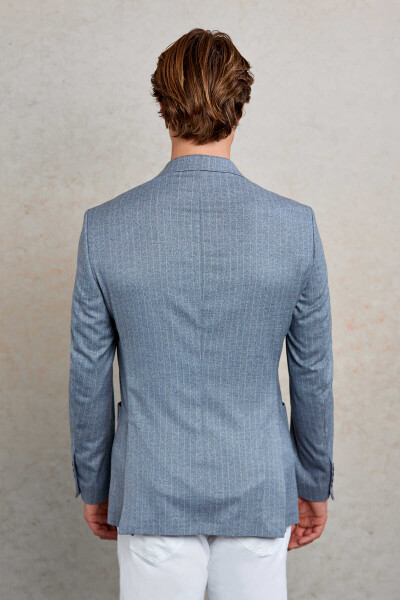 Lacivert Slim Fit Çizgili Sivri Yaka Casual Ceket - 6
