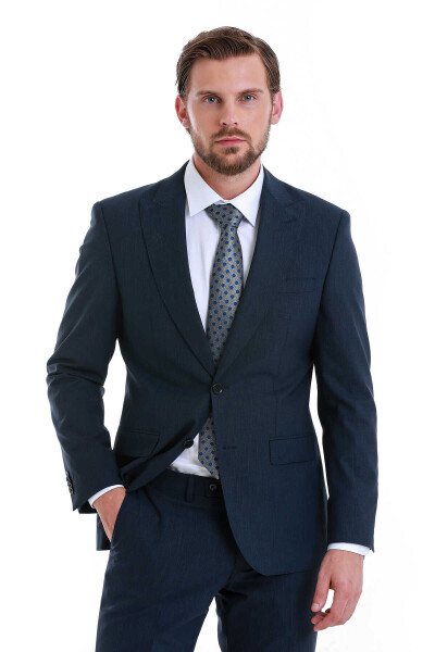 Lacivert Slim Fit Çizgili Sivri Yaka Klasik Takım Elbise - 2