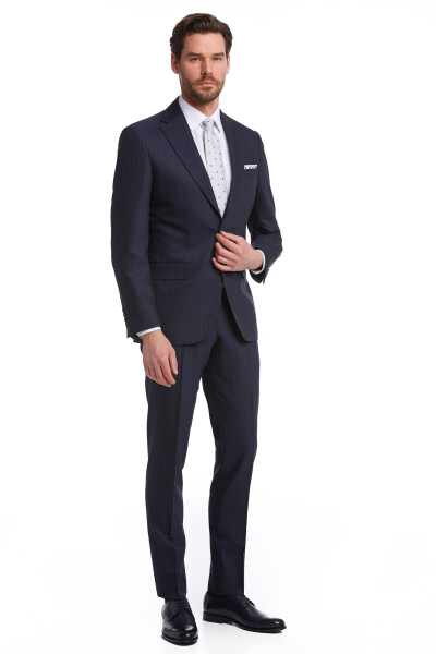 Lacivert Slim Fit Çizgili Takım Elbise - 1