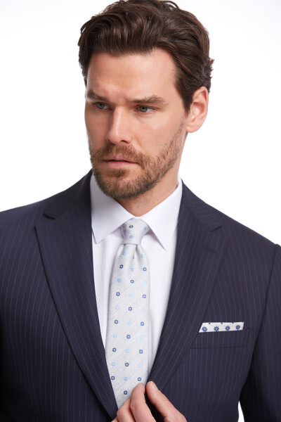 Lacivert Slim Fit Çizgili Takım Elbise - 3