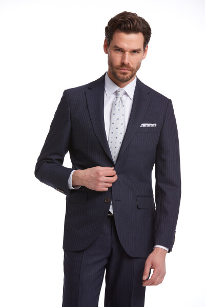 Lacivert Slim Fit Çizgili Takım Elbise - 5